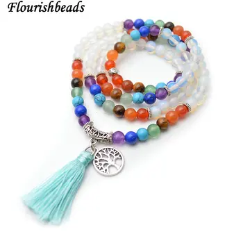 

Multi Rows white opalite 6mm Round Beads Metal Life Tree Charm Tassel Mix Stone Chakra Bracelet Fashion Party Energy Jewelry