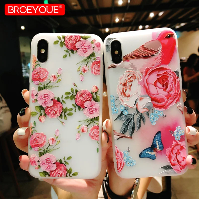 

BROEYOUE Flower Case For iPhone 7 Cases For iPhone 5 SE 5S 6S 6 8 Plus X Couqe Floral TPU Soft Phone 3D Relief Cover Wholesale