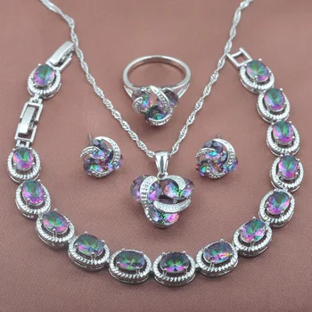 

2020 New Silver Color Jewelry Set Natural Rainbow Zirconia For Women Earrings And Necklace Set With Rings Bracelet YZ0174