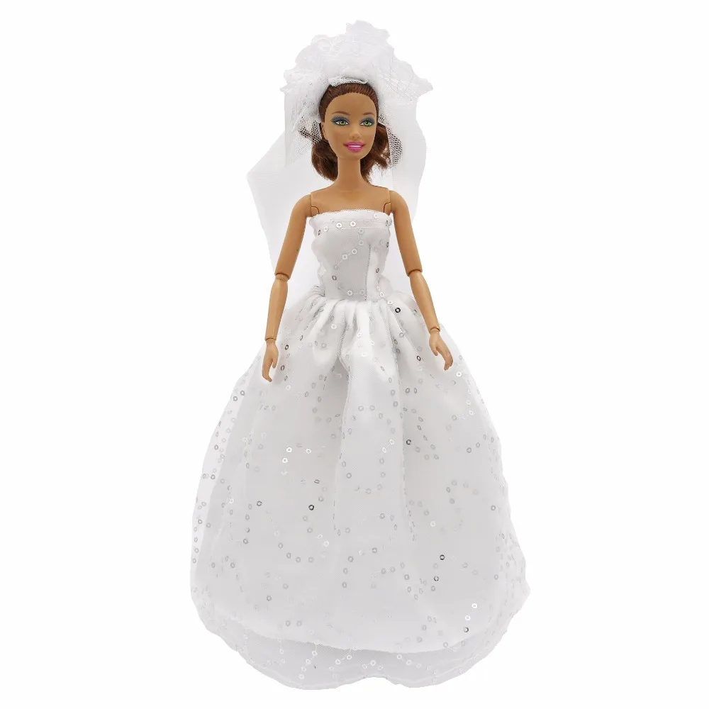 Party Doll Accessories white Dresses Gown Wedding Silver sequins dress with veil For Barbies doll for girls best gift | Игрушки и хобби