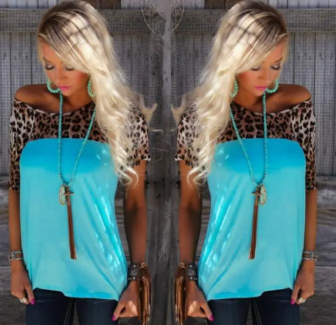

T T Shirt Women Foreign Trade European American Burst Models Leopard Stitching Large Size women's T-shirt Clothing Vestidos