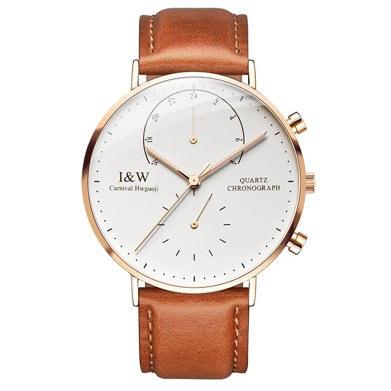 

Carnival Watch Men Quartz ultrathin Dial Waterproof Stainless Steel Multiple Time Zone multifunction Brown Leather Watches
