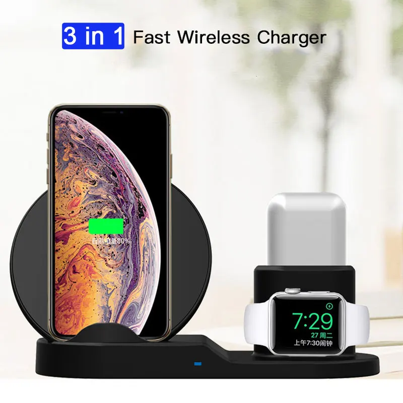 

10W Fast Wireless Charger for iphone XS XR 8 7 Plus Multifunction 3 in 1 Quick Charge Dock Stand for Apple Watch Airpods Holder