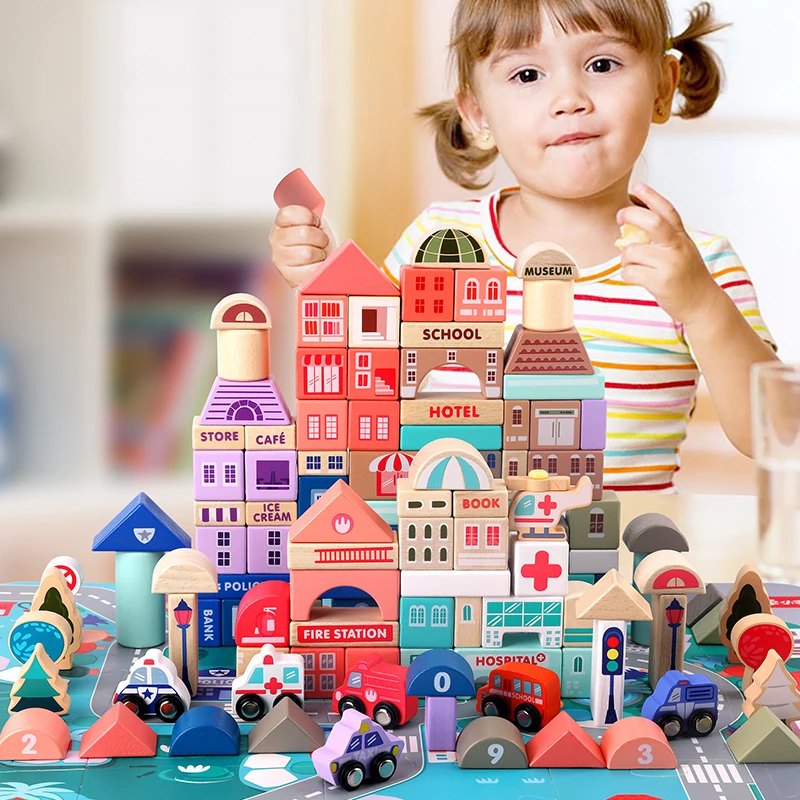 Brinquedos de Madeira Blocos de Construção Educativos para Crianças Pces Crianças Cidade Cenas Tráfego Forma Geométrica Montado Cedo Brinquedos 115 7 cenas tráfego forma geométrica montado blocos de