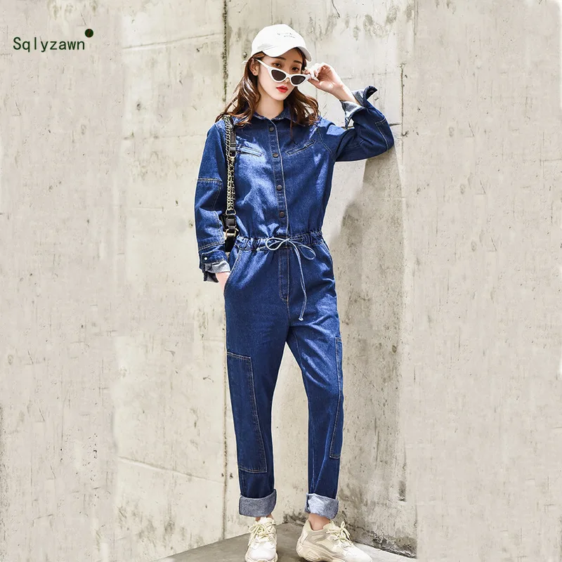 

Women Streetwear Long Sleeve Blue Denim Jumpsuit Lace Up Belt Patchwork Loose Cargo Pants Overalls Harajuku Button Jeans Romper