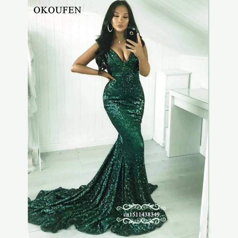 

Sparkling Green Sequined Mermaid Evening Dress For Women 2019 Long Chapel Train Deep V Neck Prom Dresses Gown Robe De Soiree
