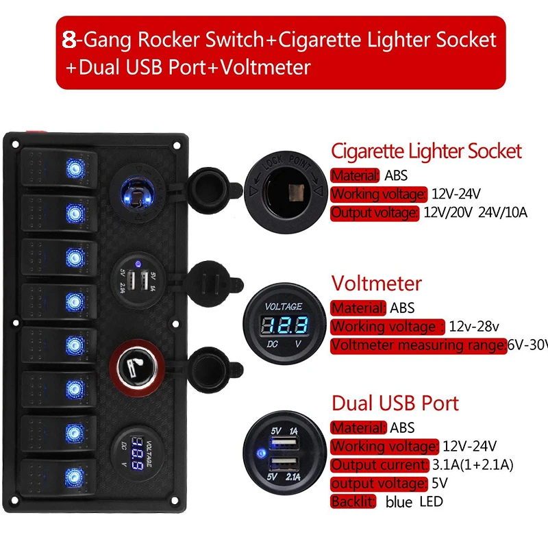 12V Car Boat Socket Voltage Voltmeter Rocker Switch Panel With Dual USB Charger