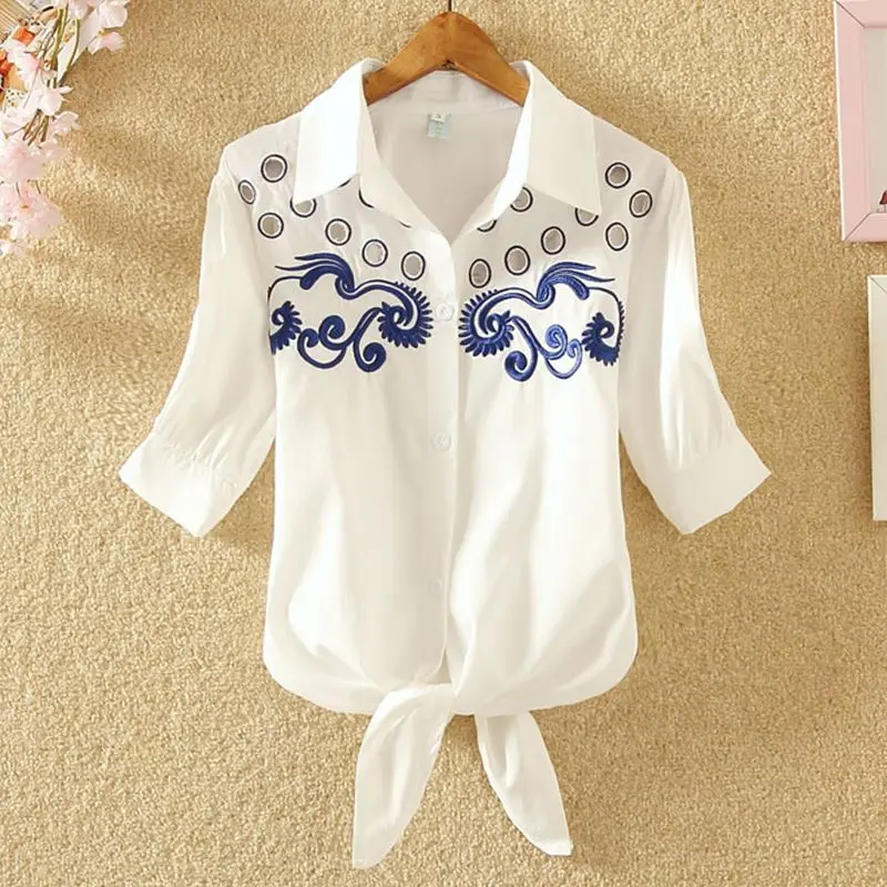 Женская блузка с вышивкой и отложным воротником повседневный топ коротким