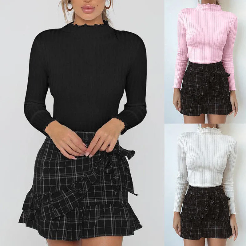 Women Basic Long Sleeve Turtleneck Casual Slim Knit Sweater Winter Soft Solid Regular Size Pullover Elegant Cotton Blend