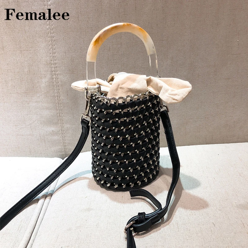 

FEMALEE 2018 Internet Celebrity Hot Bag Summer 2pcs Barrel-shaped Handle Bag Fashion Women Leather Metal Patchwork Shoulder Bags