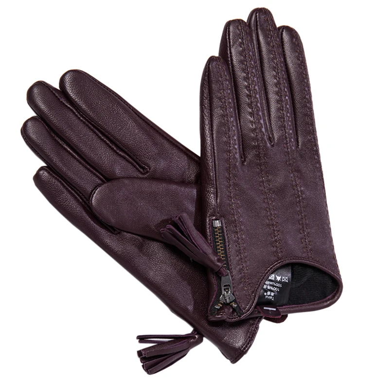 Женские перчатки из натуральной кожи с кисточками на молнии, Короткие стильные осенне-зимние тонкие бархатные женские перчатки из овчины, TB80-1 для вождения