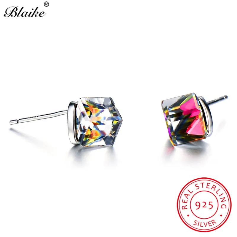 Blaike Mystic Rainbow Fire Topaz Crystal Square Stud Earrings For Women Real 925 Sterling Silver Gradient Earrings Fine Jewelry