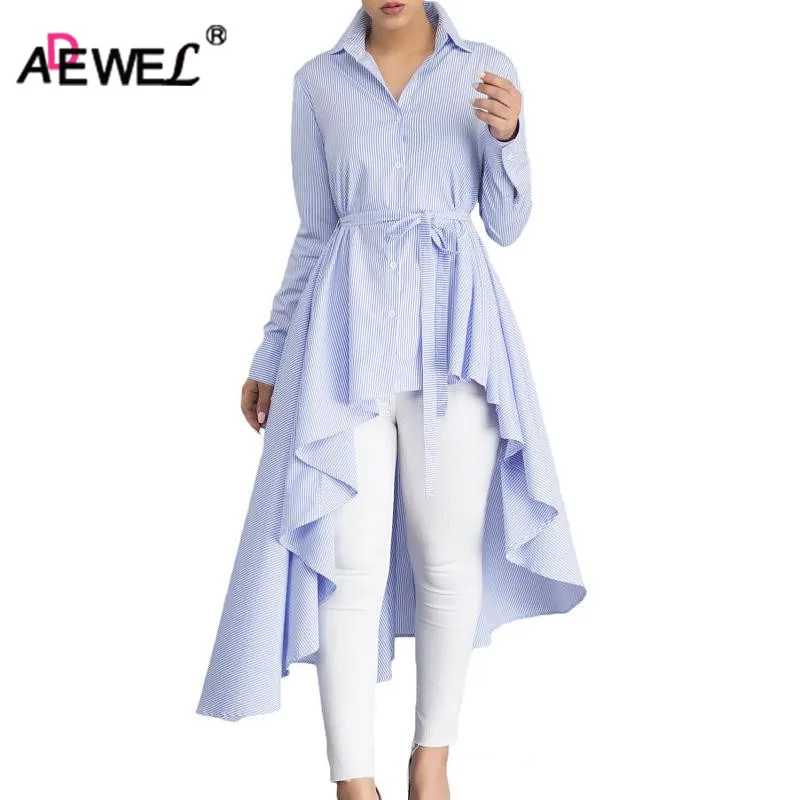 Acheter ADEWEL 2018 Automne Manches Longues Revers Bouton Casual Chemise Rayée Mode Haut Bas Ceinture Femmes Blouse Longues Hauts
