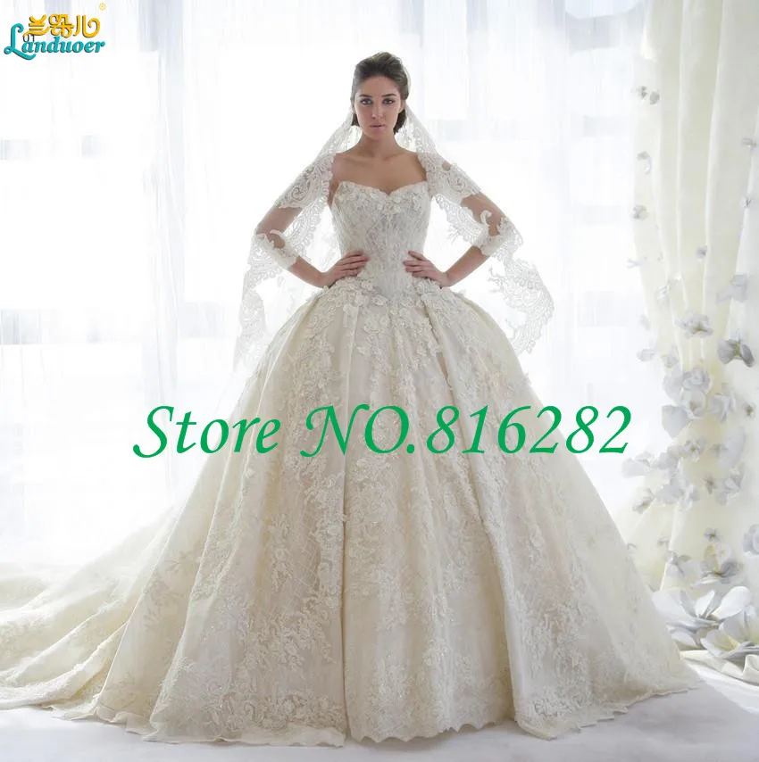 Expensive Vintage Ball Gown Sweetheart Lace Appliques Wedding Dresses Floor Length Vestidos