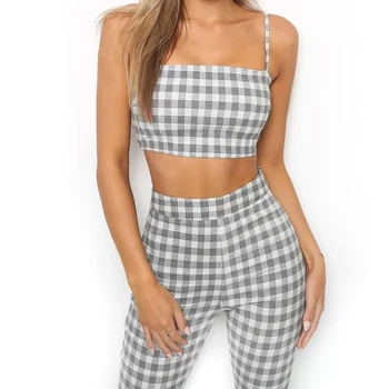 

Minimalist Women 2PCS Set Crop Top Long Pencil Pant Black Plaid Shirt Flare Pants Sleeveless Camisole Skinny Trousers For Lady
