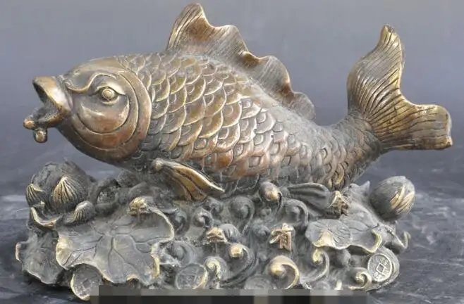 

S7354 8"China fengshui bronze wealth money coin lotus Goldfish fish auspicious statue D0318