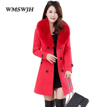 

2019 Autumn winter fashion long wool coat women Big Fur Collar Double Breasted slim wool jacket Elegant vintage warm coat tops