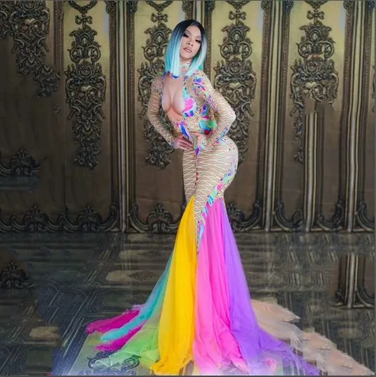 

Sexy Colorful Mesh Tail Dress Sexy Stage Wear Big Stretch One-piece Long Dress Singer Evening Performance Dance Dress DS clothes