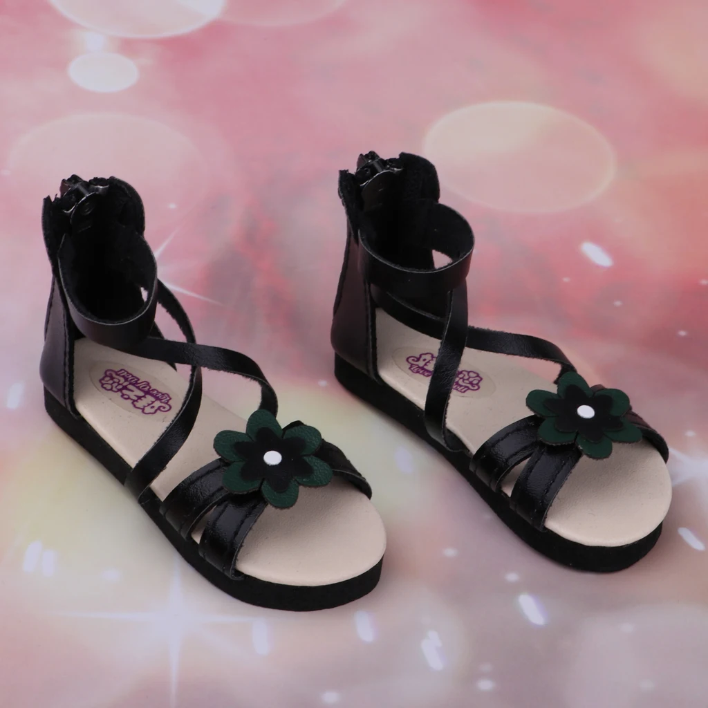 Fashion Girl Dolls PU Shoes Flower Sandals Flats For Dollfie 1/3 BJD Doll Summer Costume Accessories Black