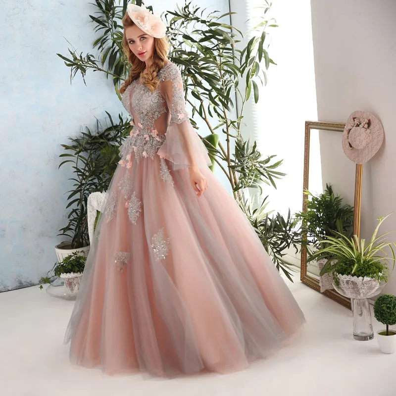 Robe-De-Soiree-New-Luxury-Palace-Princess-Lace-Flower-Flare-Sleeves-A-line-Long-Prom-Dress