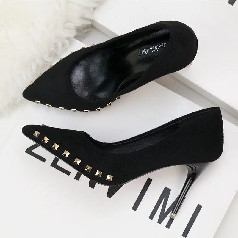 Ou Mo brand Elegant Sexy sandals women?s High heels 9cm Slip-on Women's shoes wedding banquet Rivet Female Dress shoes