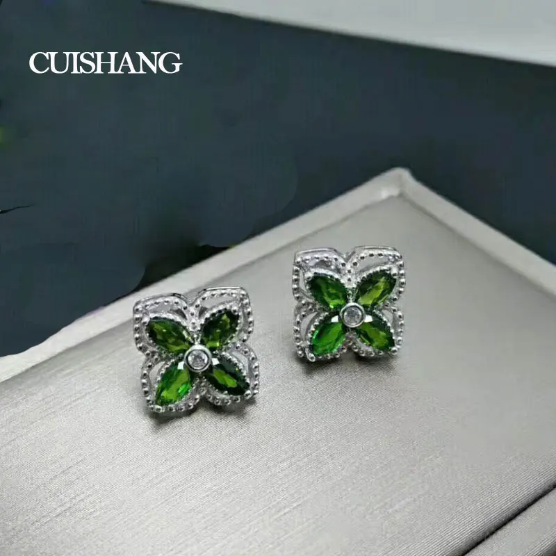 

CSJ Fine Jewelry Genuine Natural Diopside 925 Sterling Silver Stud Earrings Women wedding Engagment Party For Gift