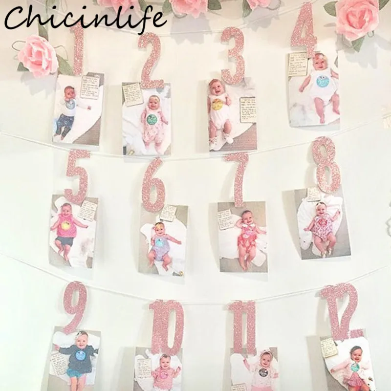 

Chicinlife 1Set Gold/Pink 1-12 Months Number Photo Banner Birthday Party Decoration Baby Shower Boy Girl 1st Birthday Supplies