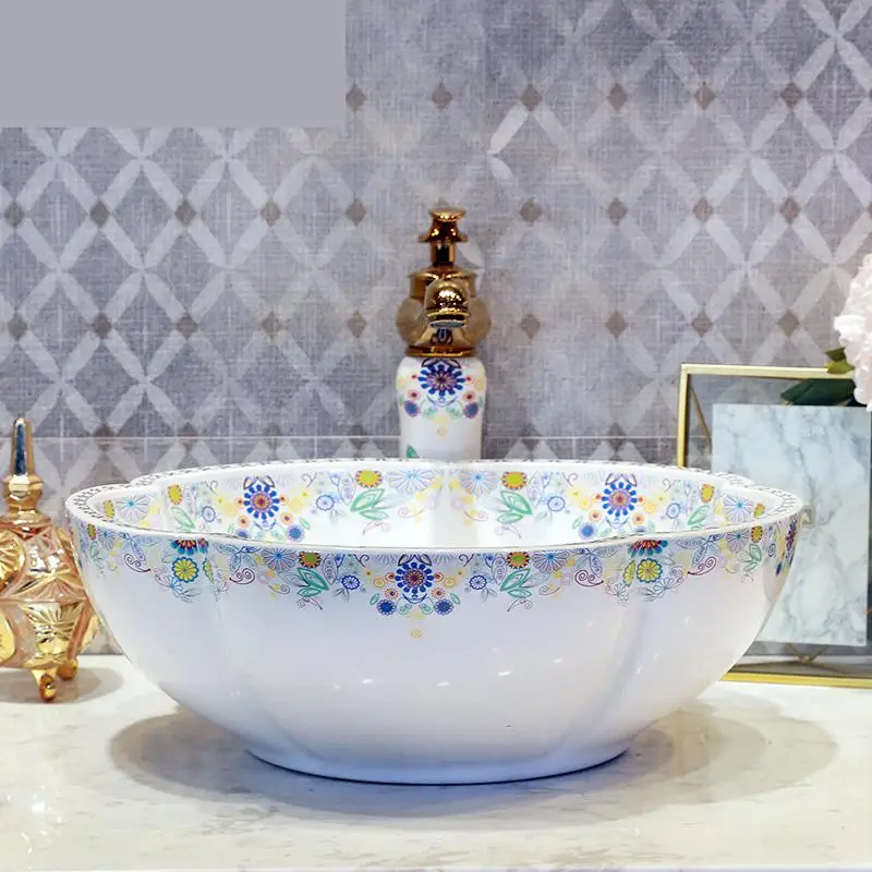 Квадратный умывальник Европейский стиль Умывальник Ванная комната цветочный узор, керамический умывальник раковина