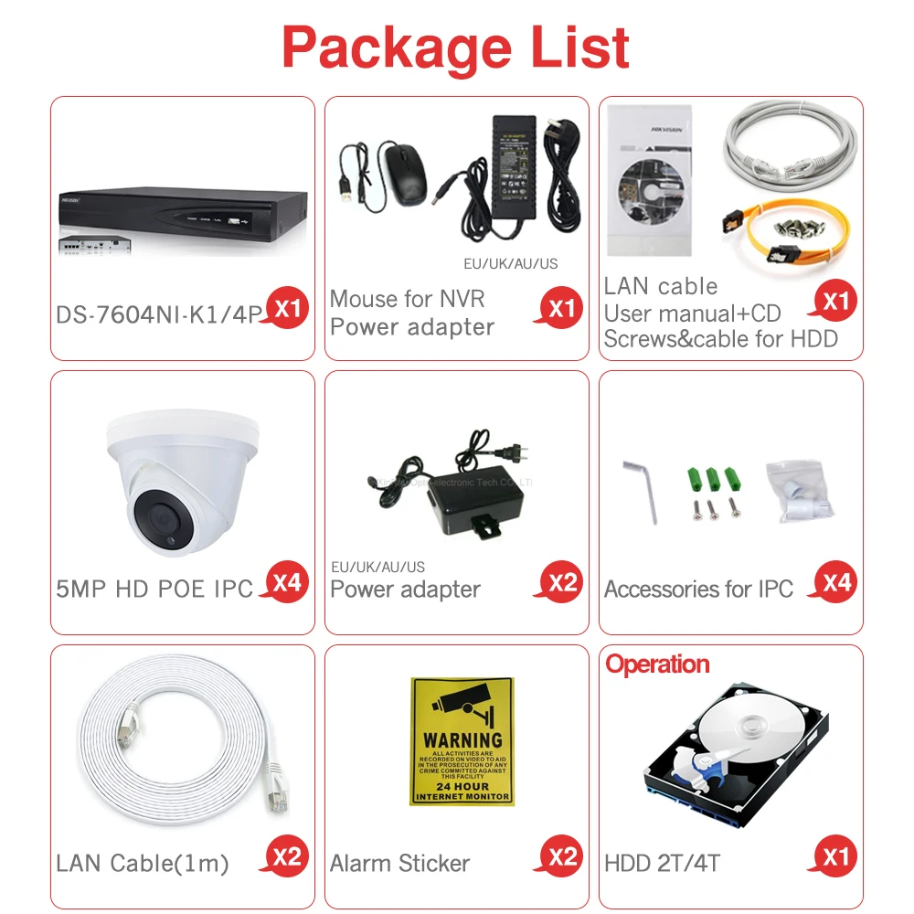  4CH CCTV System 4PCS Ultra 5MP Dome Security POE Camera with Hikvision 4 POE NVR DS-7604NI-K1/4P DI