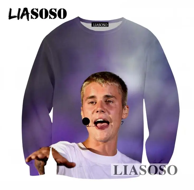 LIASOSO Hot Sale Men Women Loose Long Sleeves Sweatshirt 3D Print Singer Justin Bieber Pullovers Tracksuit Newest Clothing T746