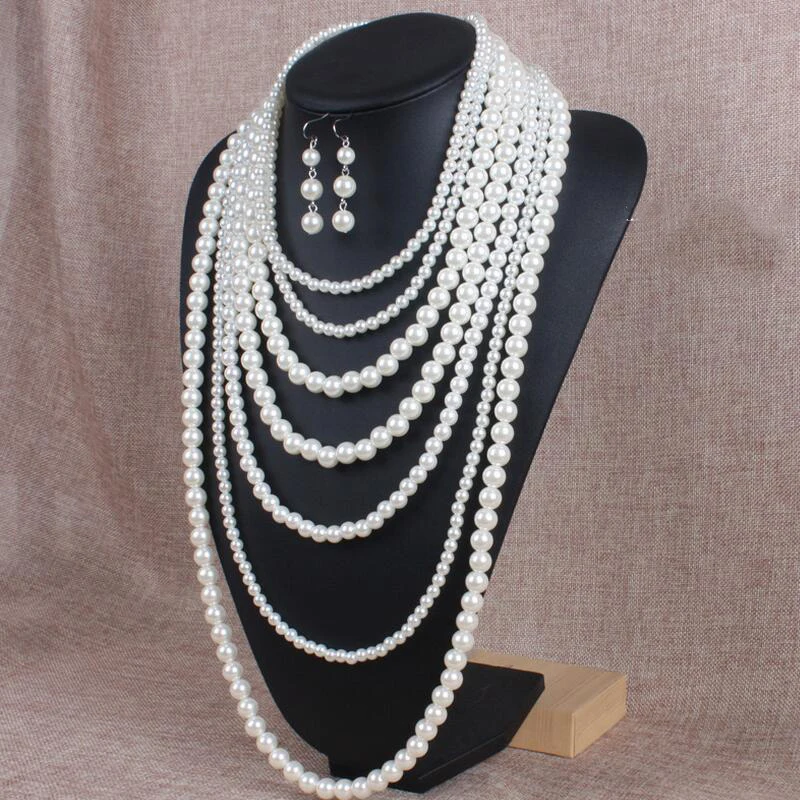 Retro Multilayer Strand Chain White Faux Pearl Necklace Handmade Beads