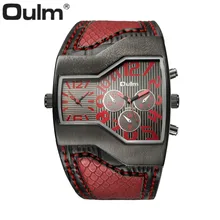 Relógio de Forma de Quartzo Dos Homens OULM Dual Time Exibição Python Dial Red Grain Leather Strap Sports Relógios de Pulso Casual Relogio Masculin