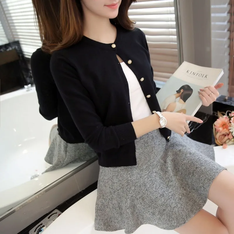 

2019 Hot Sale Laides Casual Sweaters Women's Spring Autumn Cardigan Long Sleeve Short Knitted Cardigan Feminino Black Sweaters