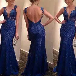 Новое Сексуальное Женское Платье с открытой спиной на бретельках темно-синего цвета vestidos Русалка кружевное платье с v-образным вырезом для