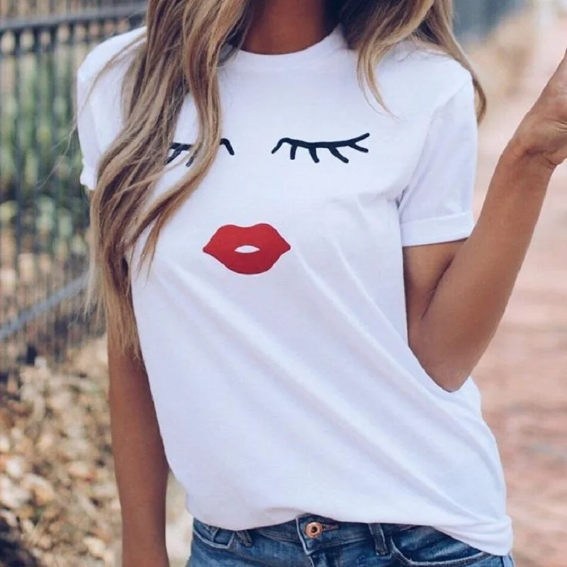 

Eyelash Red Lip Print T Shirt Women Short Sleeve O Neck Loose Tshirt 2019 Summer Women Tee Shirt Tops Camisetas Mujer