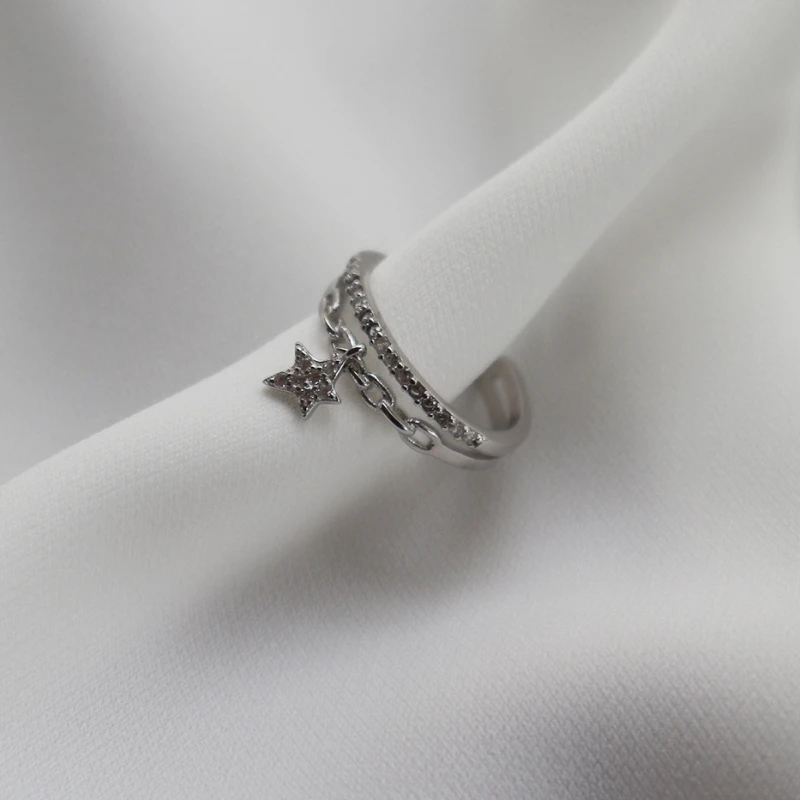 

Simple Adjustable Open Ring 925 Sterling Silver 2 Wraps Statement Link Chain Thumb Ring Modern Stars CZ Charm Ring Gift for Her