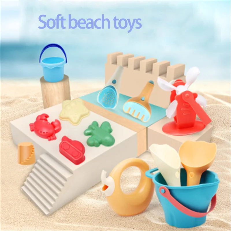 low cost  9/14Pcs Kids Outdoor toys Soft Rubber Beach Game Toys Set Shovels Rake Hourglass Bucket Animals Pla