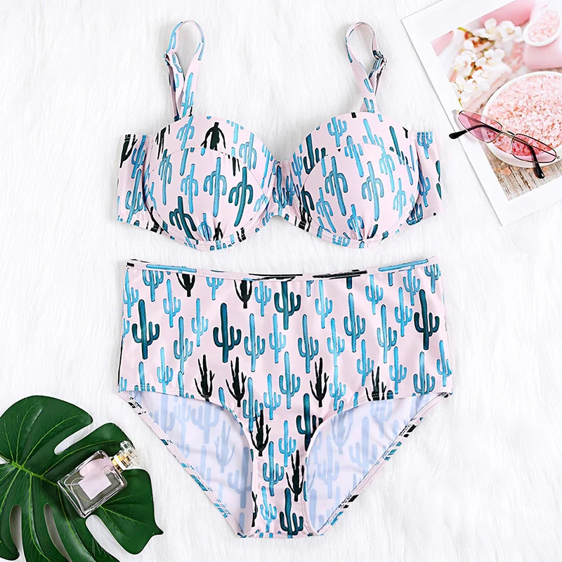 

Plus Size 4XL Underwire Cactus Printed Bikini Set Women Big Size Push Up High Waist Swimsuit Female Brazilian Swimwear Beachwear