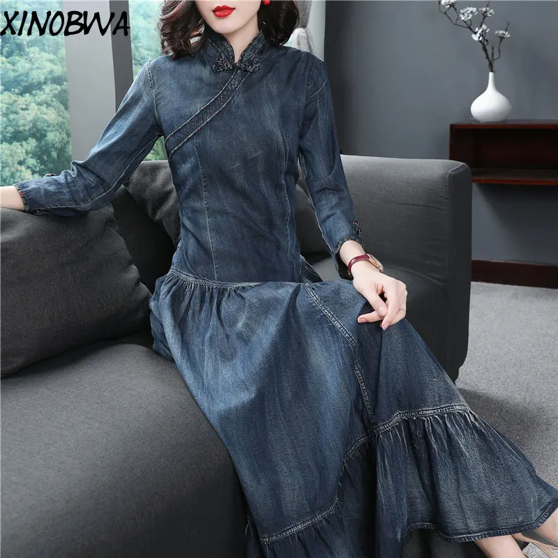 

New Woman Spring Autumn High Street Fashion Stand Collar Long Sleeve Button Vintage Long Jeans Dress Female Elegant Denim Dress