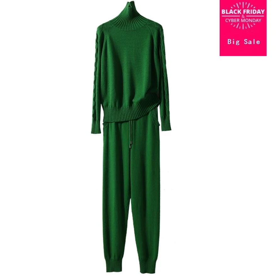 

Winter Woolen and Cashmere Knitted warm Suit High Collar Twist Knit Sweater + Mink Cashmere Trousers Leisure Two-piece wj1727