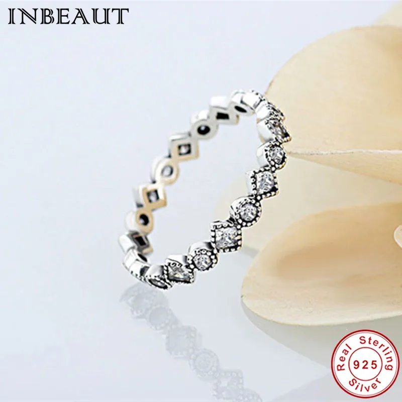 INBEAUT Antique Real 925 Sterling Silver Sparkling Cubic Zirconia Stackable Ring Women Lovely Cute Princess Wedding Rings Girls