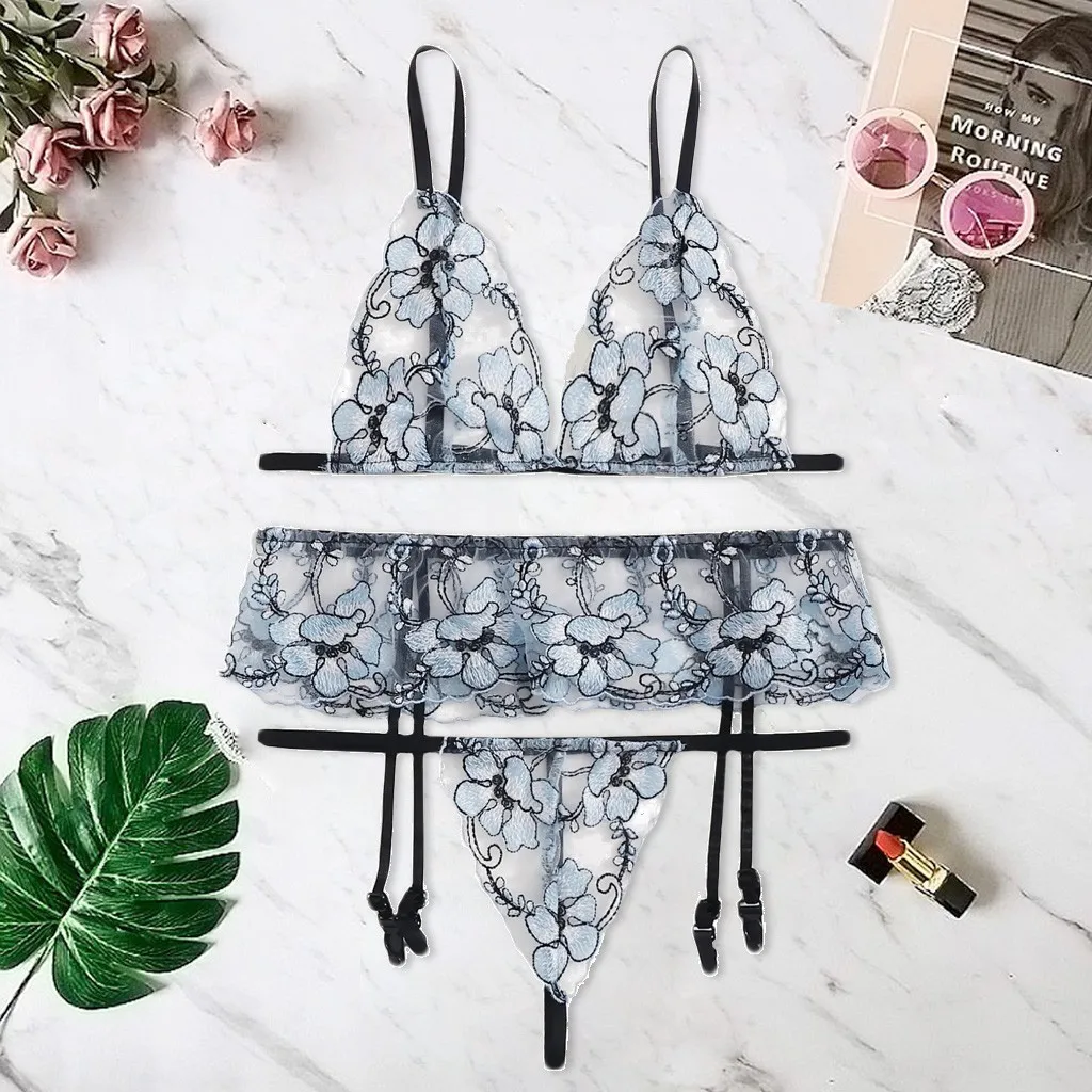 Модное высококачественное новое сексуальное женское вышитое кружевное нижнее белье, Пижама, стринги, подвязки, комплект с бюстгальтером, сексуальное нижнее белье 40