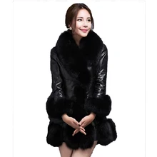 Кожаная женская куртка из толстого хлопка, куртка из искусственной кожи, Осень-зима, длинный воротник из искусственного меха лисы, куртка размера плюс