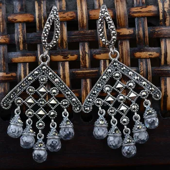 

S925 silver inlaid white crystal silver earrings wholesale antique style female Zircon tassel style