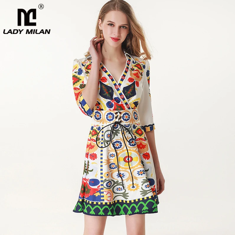 

2019 Women's Runway Dresses V Neck 3/4 Sleeves Lace Up Cartoons Printed Fashion Short Summer Dresses