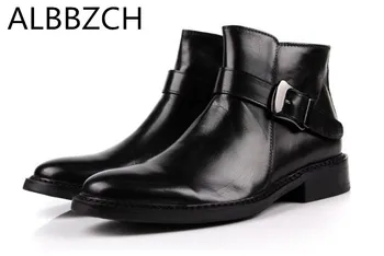 

Fashion buckle designer genuine leather men boots round toe zip cow leather ankle boots office work boots business dress boots
