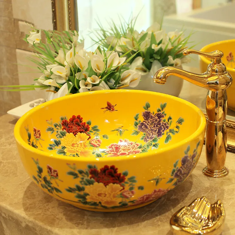 Full Yellow Design Europe Vintage Style Ceramic Art Basin Sinks Counter