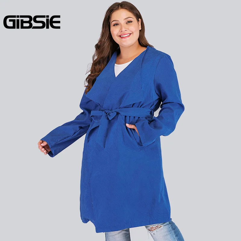 

GIBSIE 2019 Spring Women Casual Belted Knee Length Coats 3XL 4XL Outerwear Long Sleeve Trench Coat Plus Size Women's Clothing