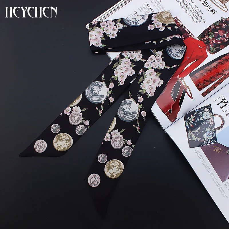

European American style Flower Women Elegant Luxury Brand Skinny Small Bag Twill Silk Scarf Ribbon Head Hair Handle Scarf