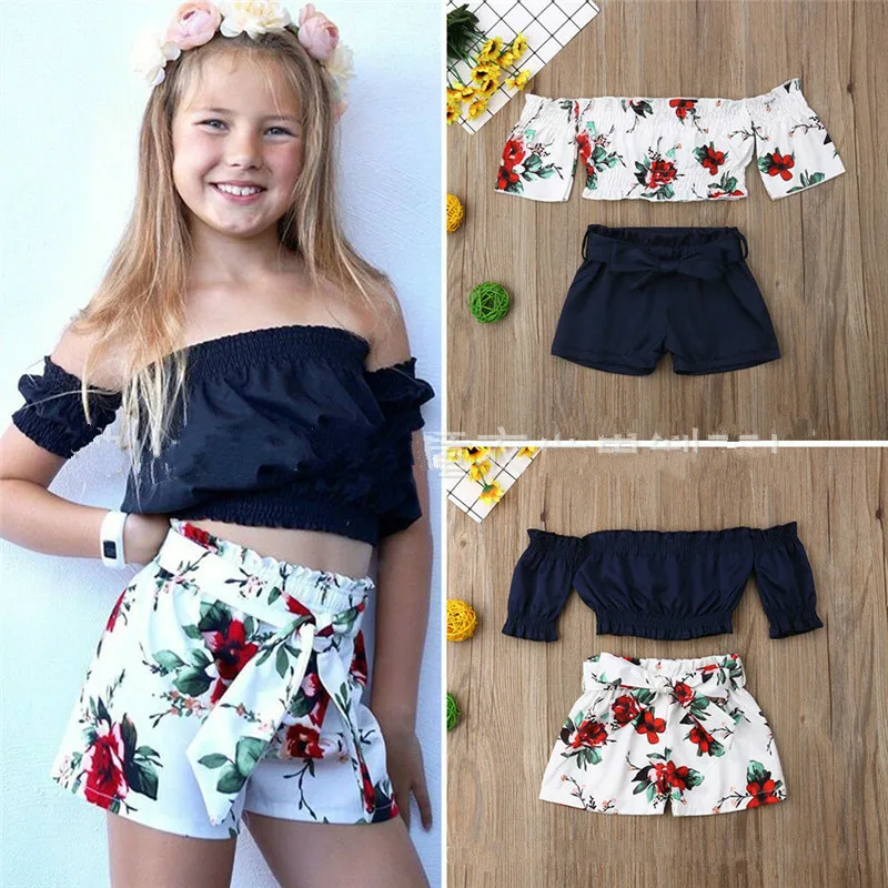 

Baby Girls clothing set Vetement enfant fille Ensemble fille Baby girl summer fashion suit Off shoulder T-shirt+short twinset